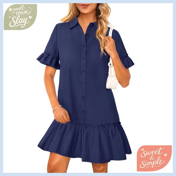 Women's Casual Button Down Shirt Dress with Ruffle Sleeves and Pockets